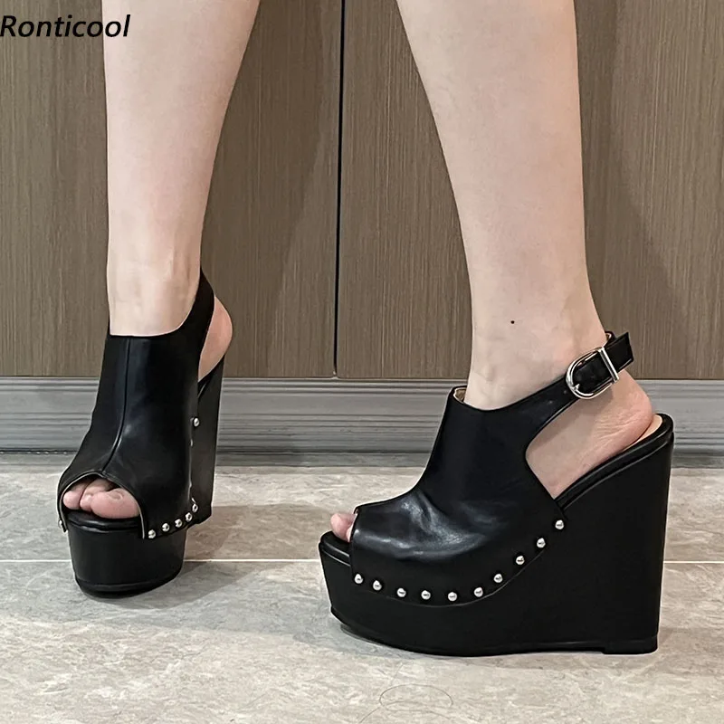 Сандалии Ronticool женские с заклепками, пикантные туфли на танкетке, с открытым носком, элегантная обувь для банкета, цвет черный, 5-20