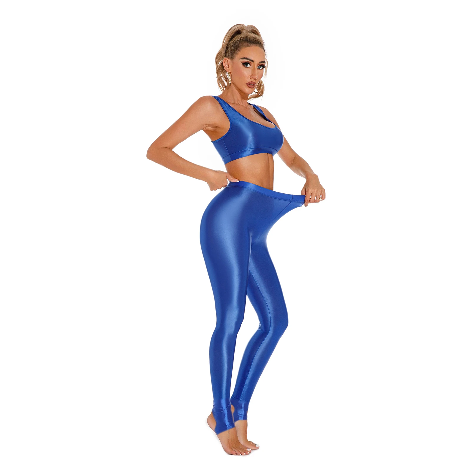 Damen gymnastik Yoga Sportswear glänzendes ärmelloses U-Ausschnitt-Crop-Top mit Leggings-Strumpfhose mit hoher Taille für das Fitness-Training im Fitness studio