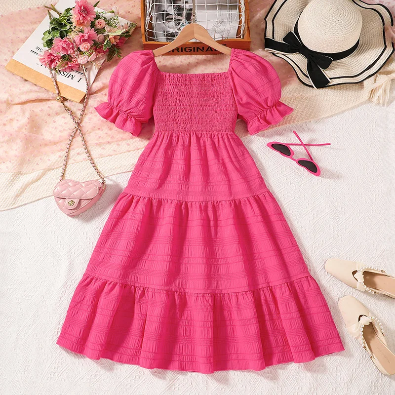 2024 Summer New Arrival Girls Short Puff Sleeve Square Collar Ruched Rose Red Dress Roupa Infantil Menina Dress Custume 8-12T