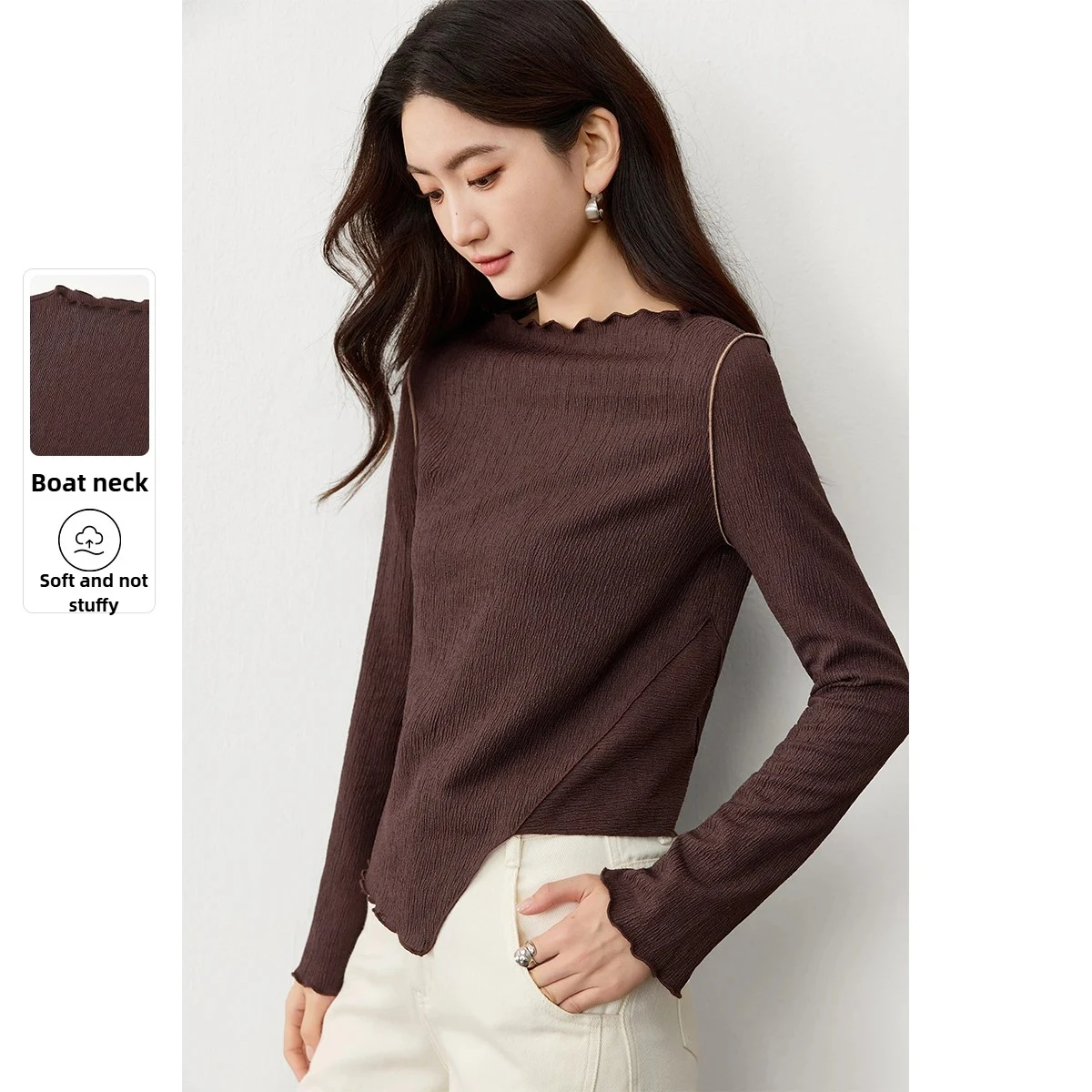 

SENTUBILA футболка с длинными рукавами, женская осень 2023, новые асимметричные футболки, повседневные вязаные женские топы с вырезом на горловине 153TA2694