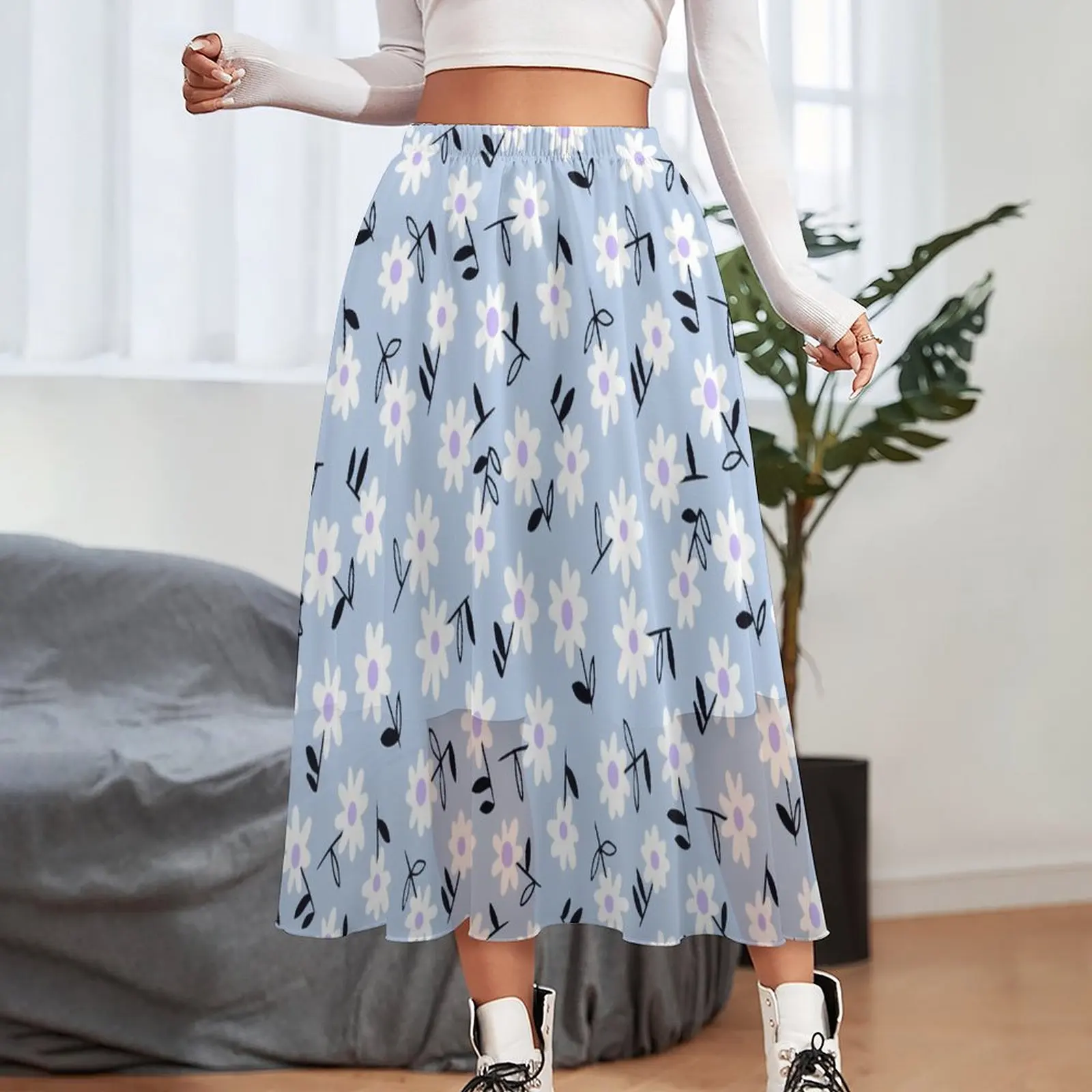 Daisies Flowers Skirt Ladies White Floral Print Beach Long Skirts Design Elastic Waist Street Style A-line Skirt Big Size 3XL