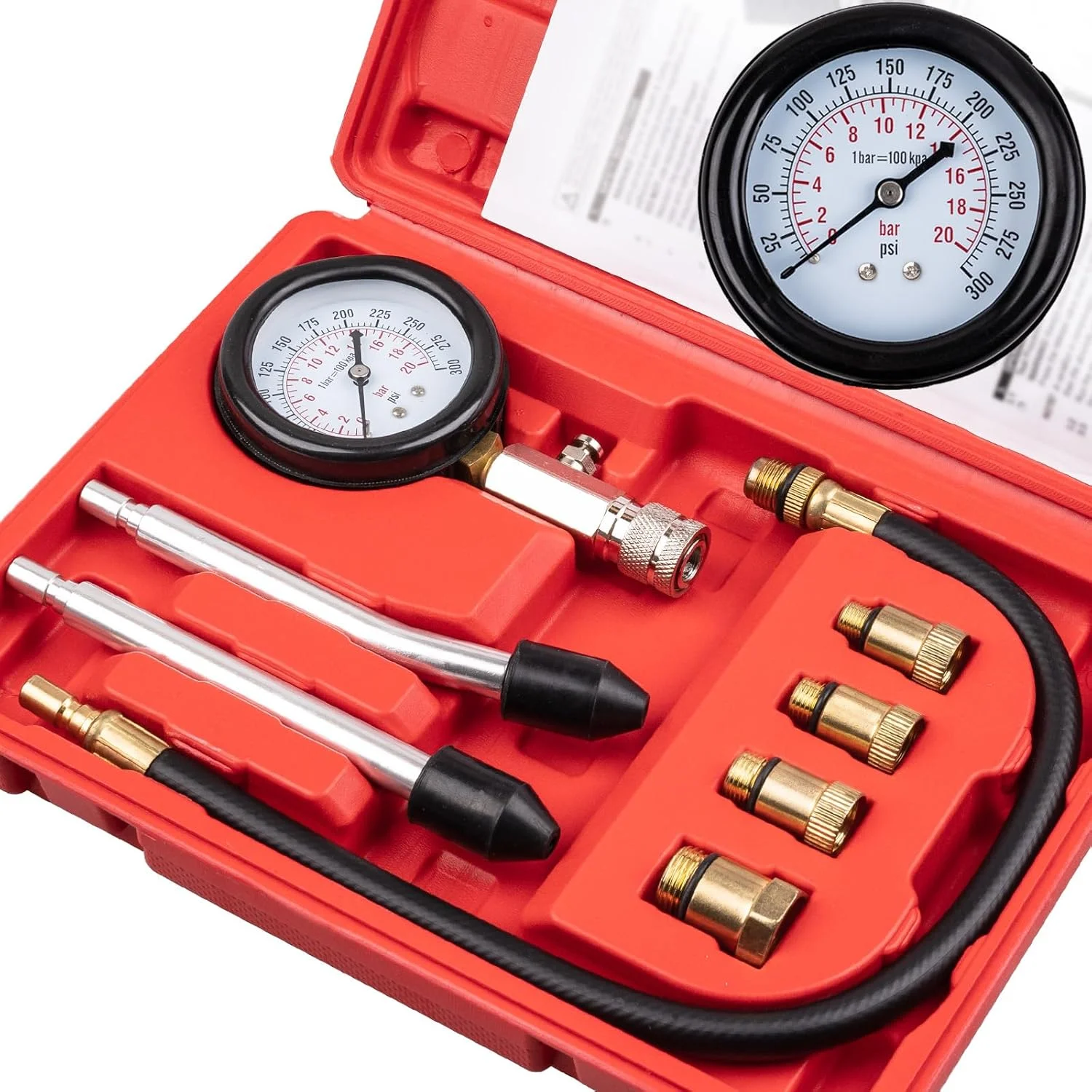 8pcs Petrol Engine Cylinder Compression Tester Kit, Small Engine Compression Tester Automotive Tool Gauge 0-300PSI for Testing C