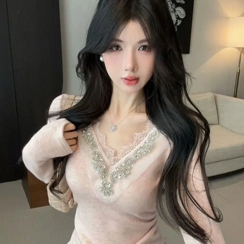 Heavy Embellished Lace V-Neck Long Sleeve Knitted Top Women's Slim Fit Base Shirt Autumn New Style Fashionable Girl Style