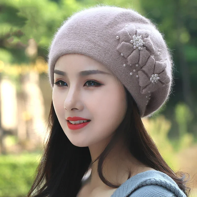 Hat Women Angora Beret Winter Knit Warm Beads Double Layers Thermal Snow Outdoor Skiing Accessory Cap Headwear