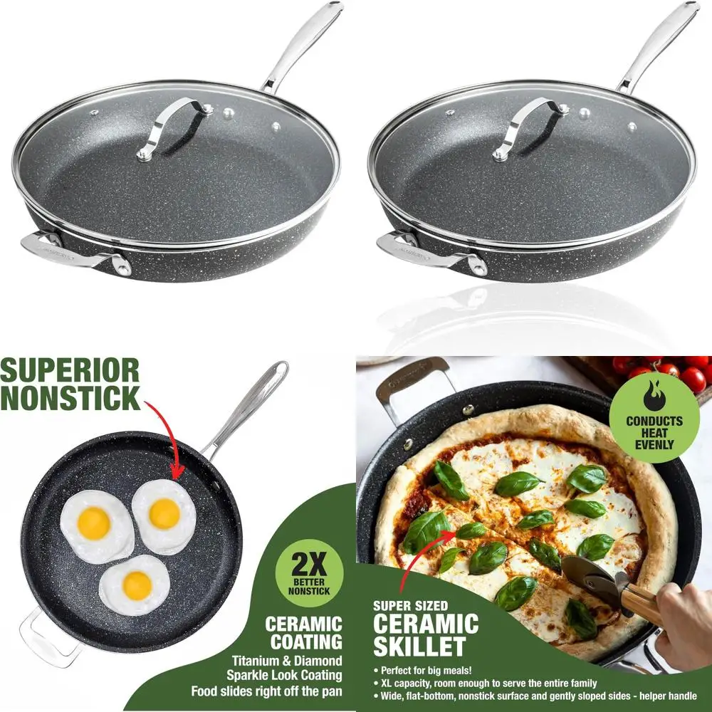 

14 Inch Ceramic Non-Stick Skillet with Lid, Large Oven-Safe Frying Pan, PFOA/PFAS Free, Dishwasher Safe