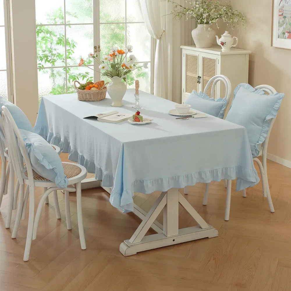 French Pastoral Blue Tablecloth Solid-Color Woven Cotton Contrasting Color Ruffled Edge Tablecloths Decoration Table