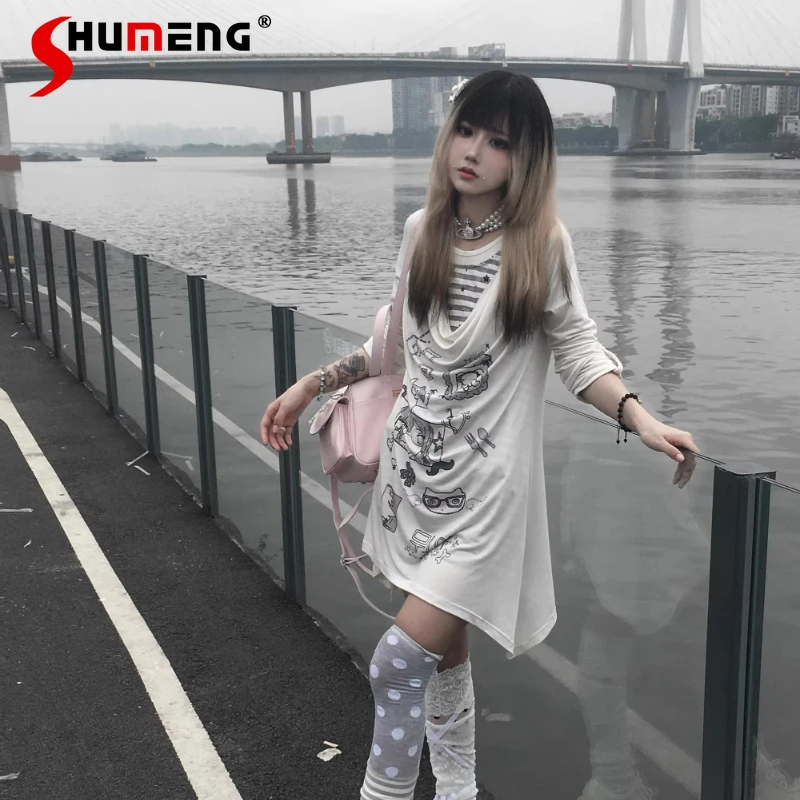 

Subculture Gothic Loose Long-sleeved T-shirts Spring and Summer New Girls' Sweet Cool Kawaii Graffiti Print Top Y2k Clothing
