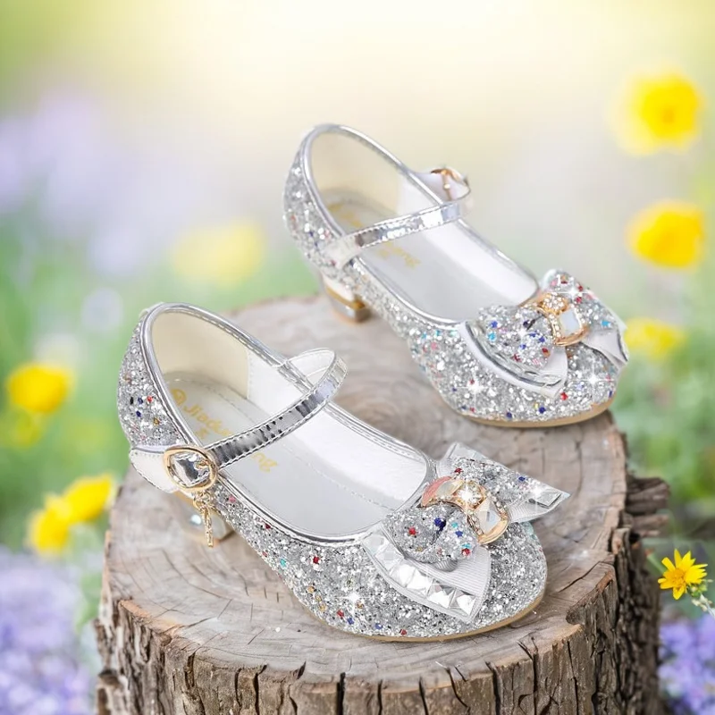 ULKNN Princess Kids Leather Shoes For Girls Flower Casual Glitter Children High Heel Girls Shoes Butterfly Knot Blue Pink Silver