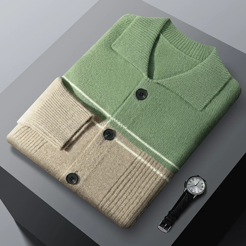 Autumn And Winter New 100% Pure Wool Lapel Cardigan Leisure Business Men's Knitted Bottoming Color Matching Sweater Coat