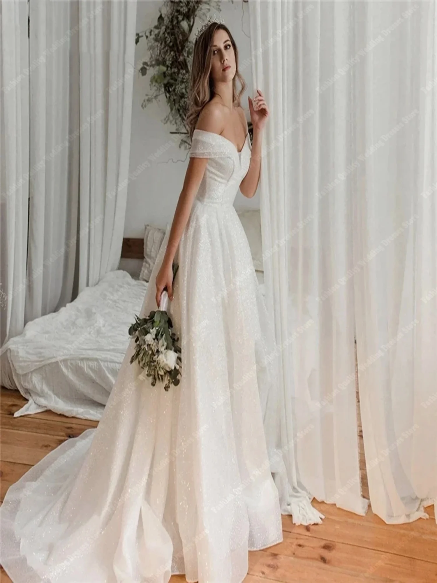 Nuovi eleganti abiti da sposa avorio per le donne 2024 Off spalla sposa Design lucido Puff a-line Hemline Princess Vestidos De Novia