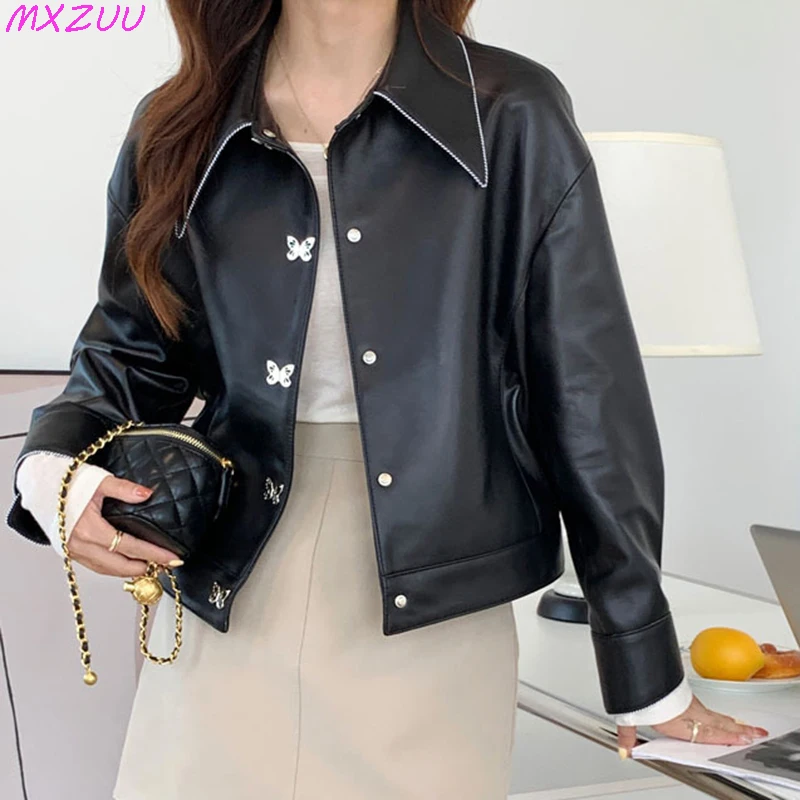 New Women Winter Jacket Casaco Feminino Sheepskin Large Size Slim Peaked Lapel Butterfly Buttons Short Locomotive Leather Coats