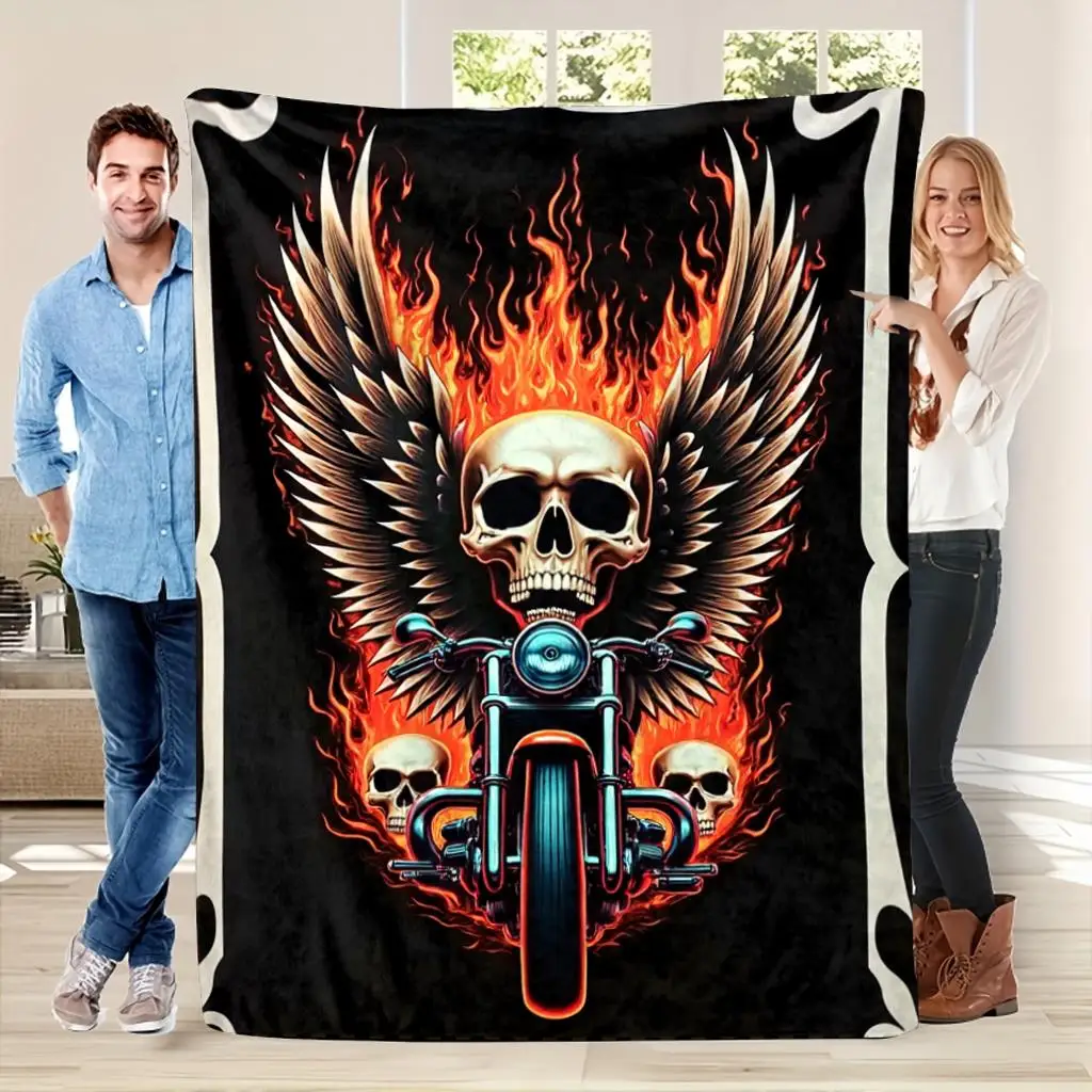 Skeleton-winged Flame Motorcycle Flannel printed blanket suitable for all seasons suitable for living room office sofa travel