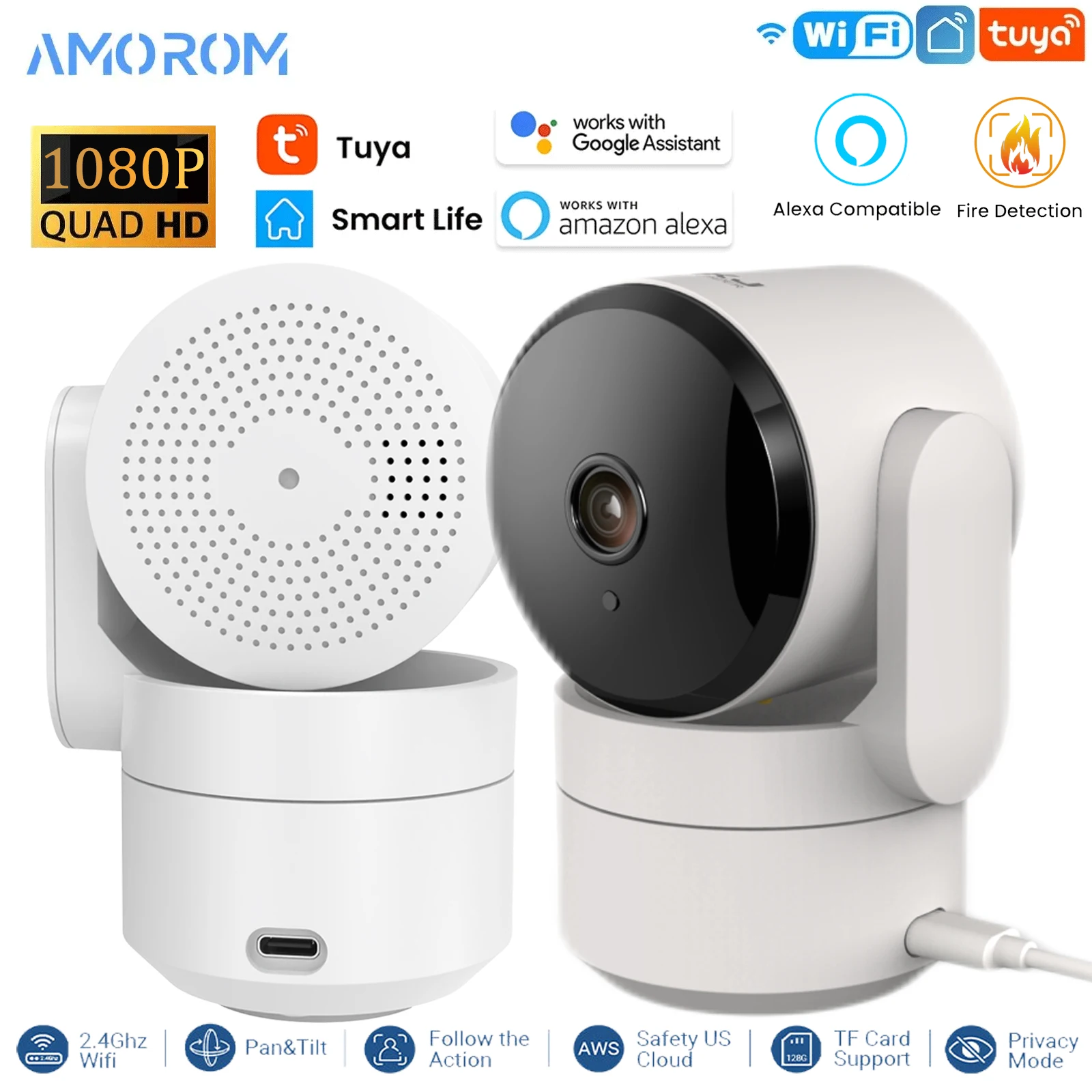 Amorom 2MP Wifi TUYA Camera Smart Cloud PTZ IP Camera Night Vision  Indoor Surveillance Cam For Yard Ai Detect P2P Video Monitor