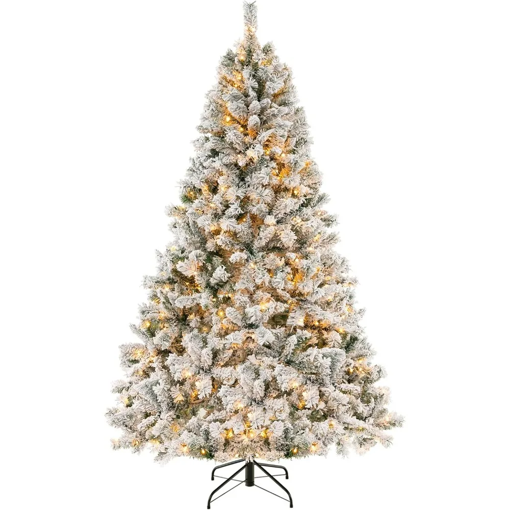 

3-Minute-Setup Pre-Lit Snow Flocked Christmas Tree, 7ft Artificial Hinged Xmas Tree with 450 Warm-White LED Lights