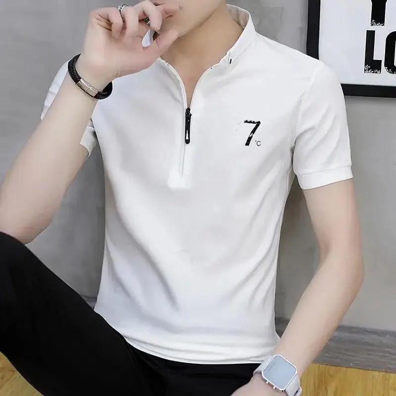 Summer New Men\'s Youthful Energy Stand Collar Polo Shirt Solid Color Zipper Button Short Sleeve Slim Casual T-shirts Bottom Tops