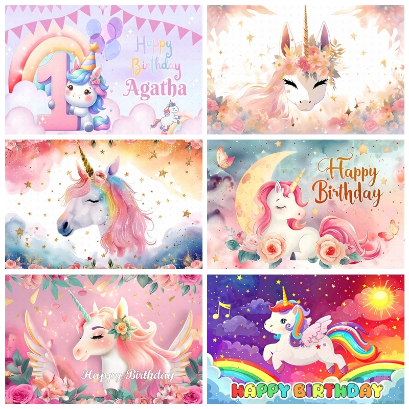 Baby 1st Birthday Rainbow Unicorn Backdrop Glitter Spots Party Decor Photography Background Portrait Photographic Photo Studio