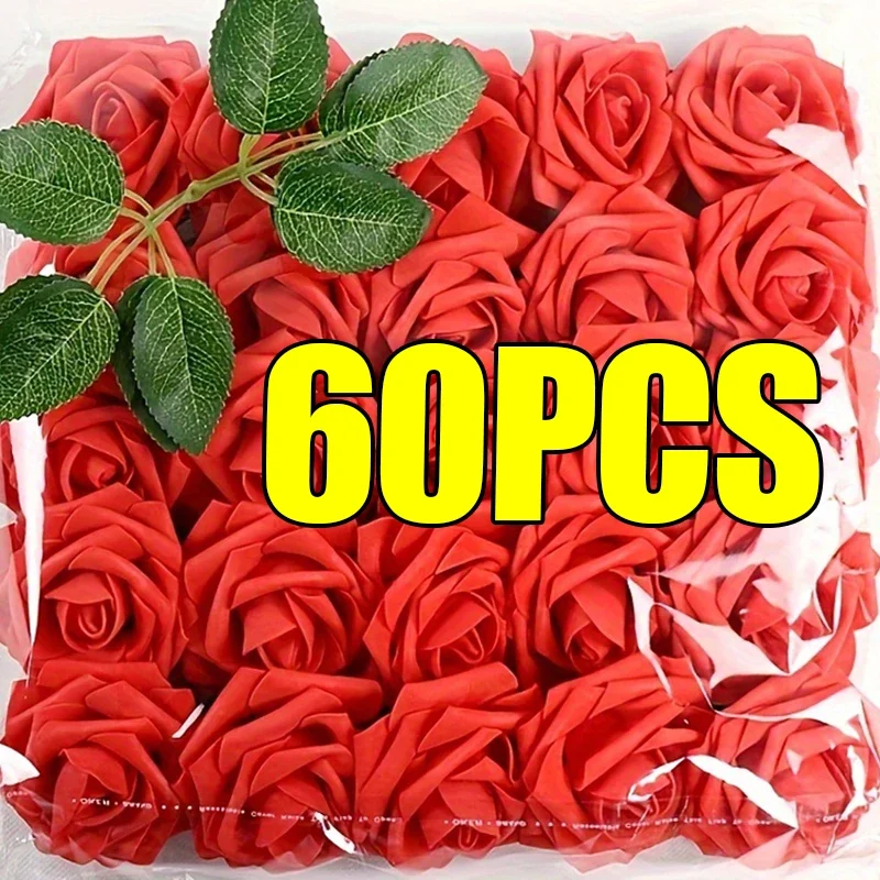 Artificial Roses Flowers Foam Fake Rose Head with Stems for DIY Wedding Bouquets Home Party Tables Decoration Supplies Wholesale