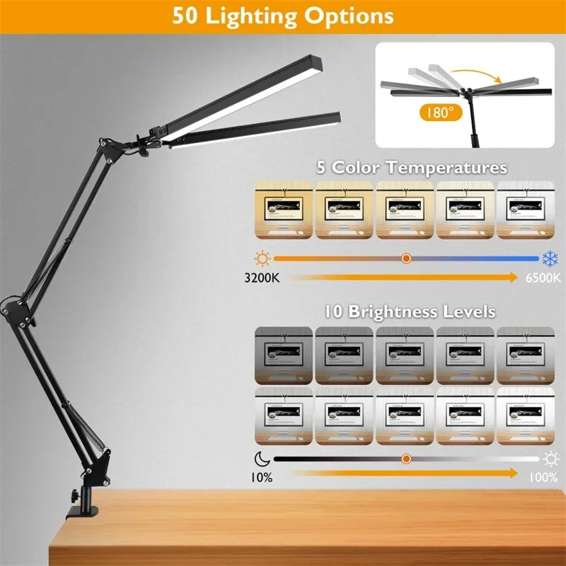 LED Desk Lamp for Home Office, Clamp-On with 5 Light Modes & Auto Shut Off , Eye-Caring Lighting for Study/Bedroom/Computer Desk