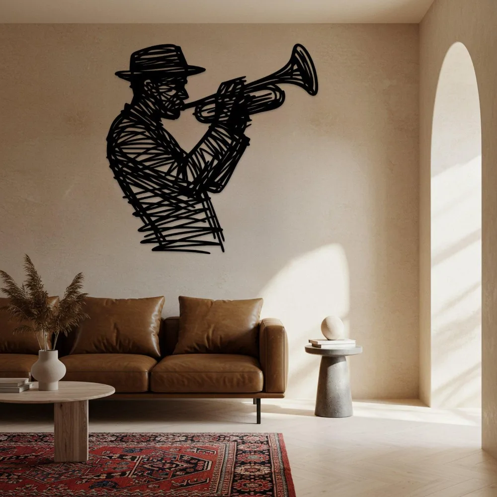 Oversized Jazz Trumpet Player Metal Wall Art, Abstract Musician Iron Mural, Artsy Wall Sign for Music Room