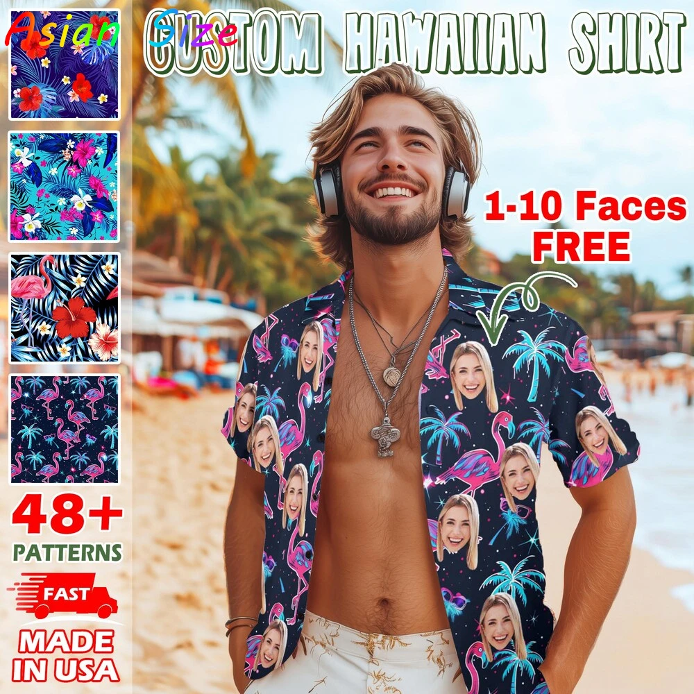 Camisas de playa tropicales hawaianas personalizadas, Camisa hawaiana con botones de diseño de cara Diy, fotos personalizadas, blusas femeninas, Camisa informal Unisex
