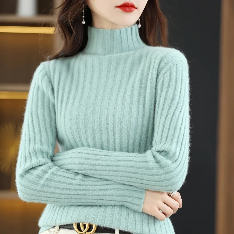 Autumn And Winter New Temperament Mink Cashmere Sweater Women's Semi-High Collar Slim Fit With Bottoming Shirt Knitted Pullover