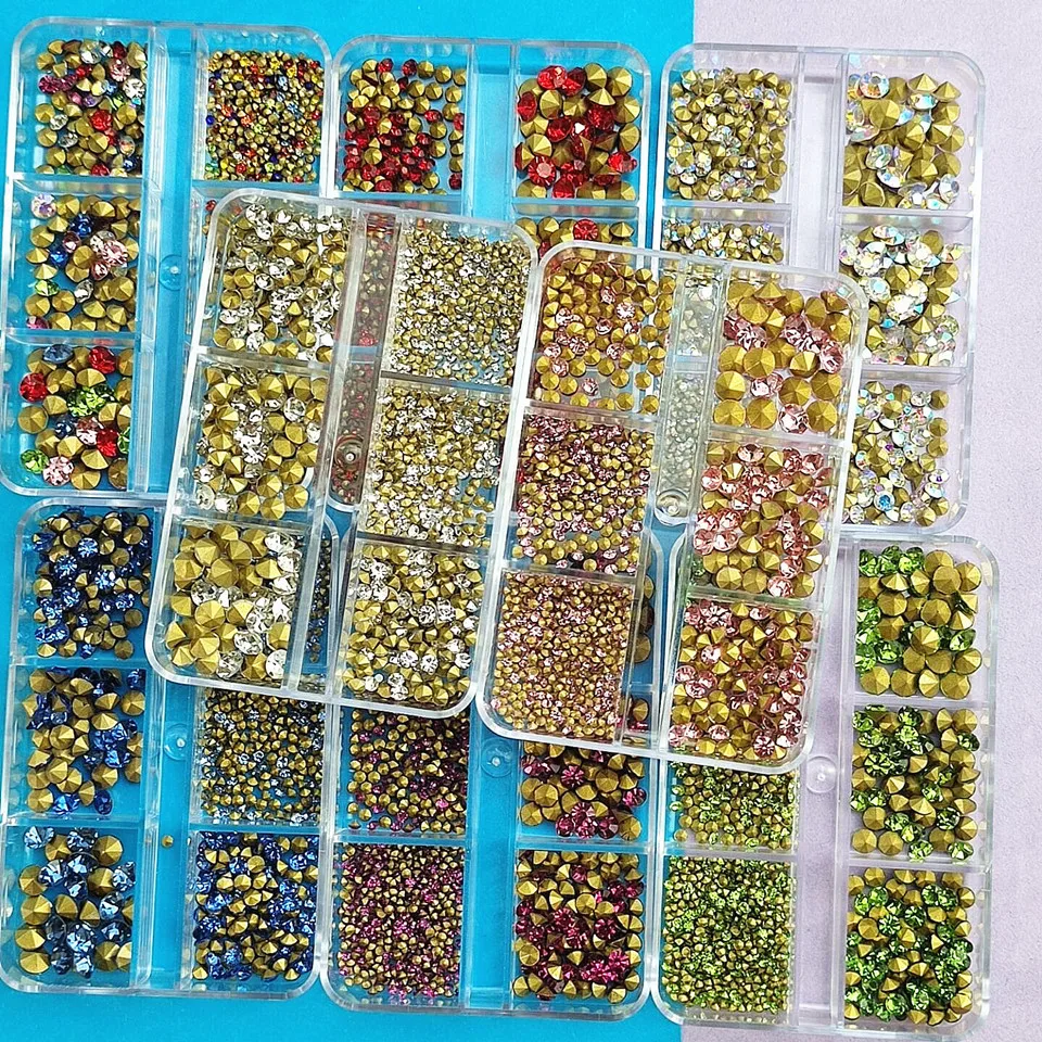 6Grids/box SS4-SS20 Point Shiny Nail Crystal 1020pcs Colorful Ab/Red/Green Mixed-Size Nail Art Rhinestones DIY Manicure Diamond