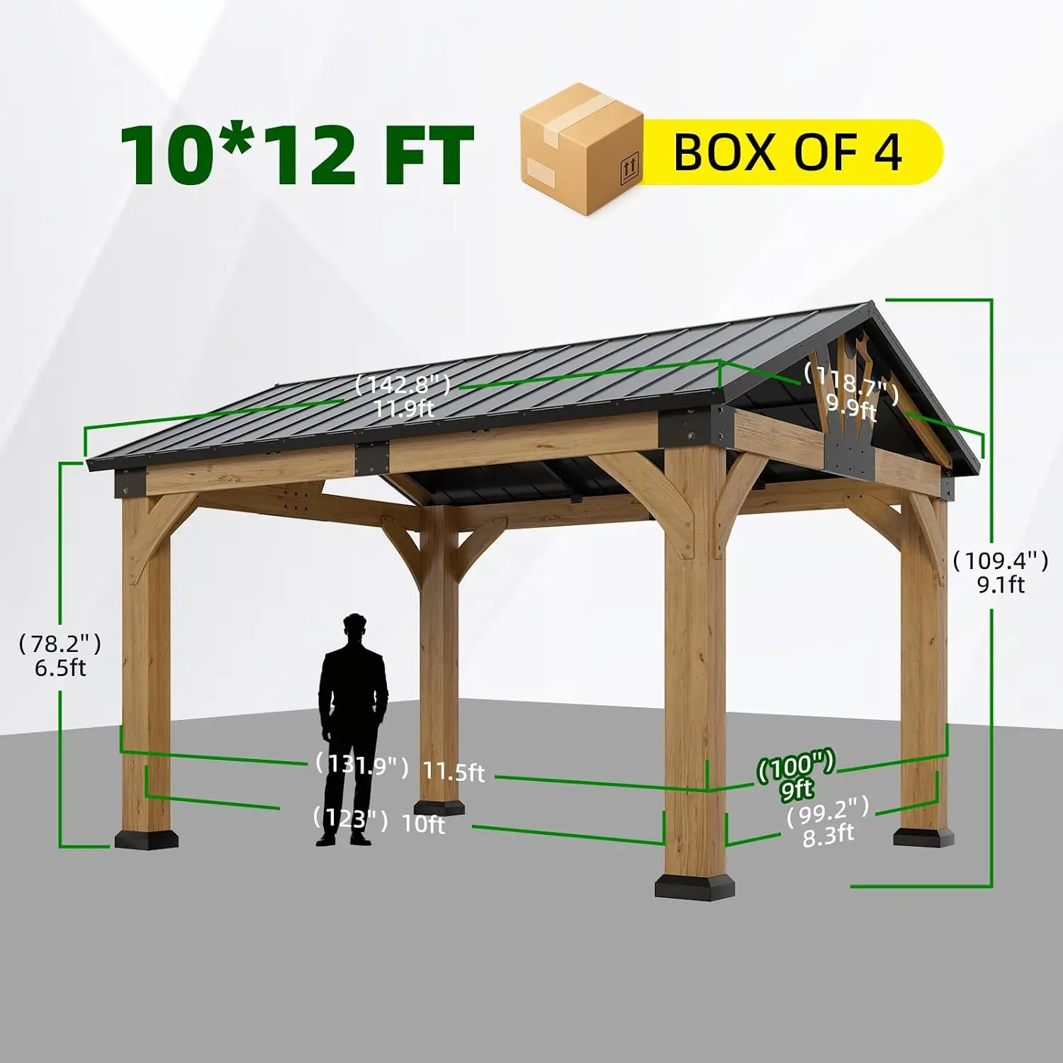 10x12 ft Ceder Wood Gazebo, Hardtop Gazebo with Galvanized Steel Peak Roof, Custom view 5