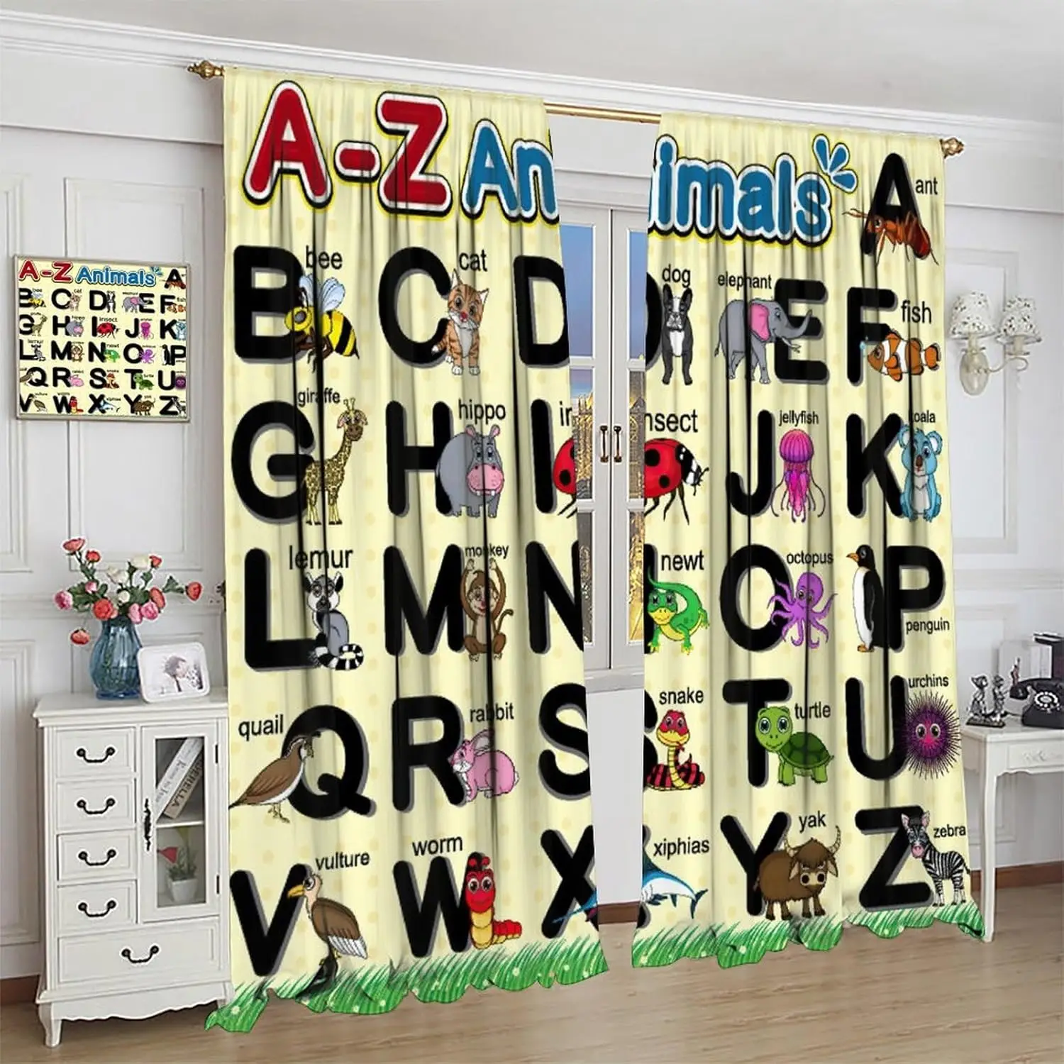 Kids Alphabet ABC Curtains, Cartoon Educational Animal A-Z Learning Rod Pocket Windows Drapes, for Boys Children Bedroom Living