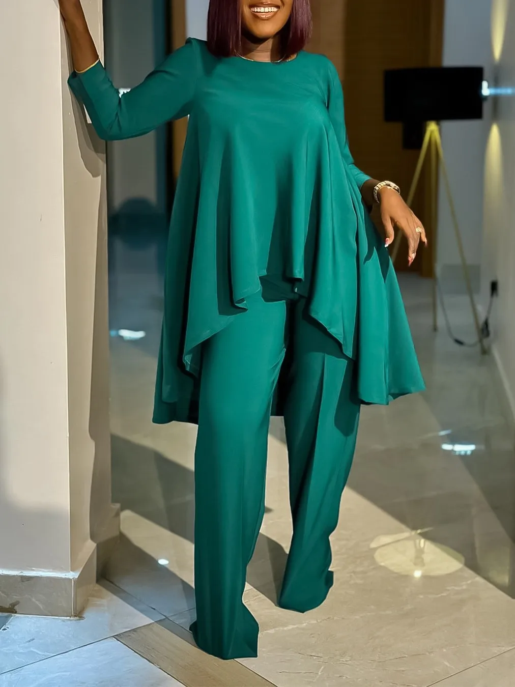

Autumn Women's Clothing Long Sleeve Tops And Wide Leg Pants Set Elegant Casual Wear For Polyester Spandex Stretch Trousers
