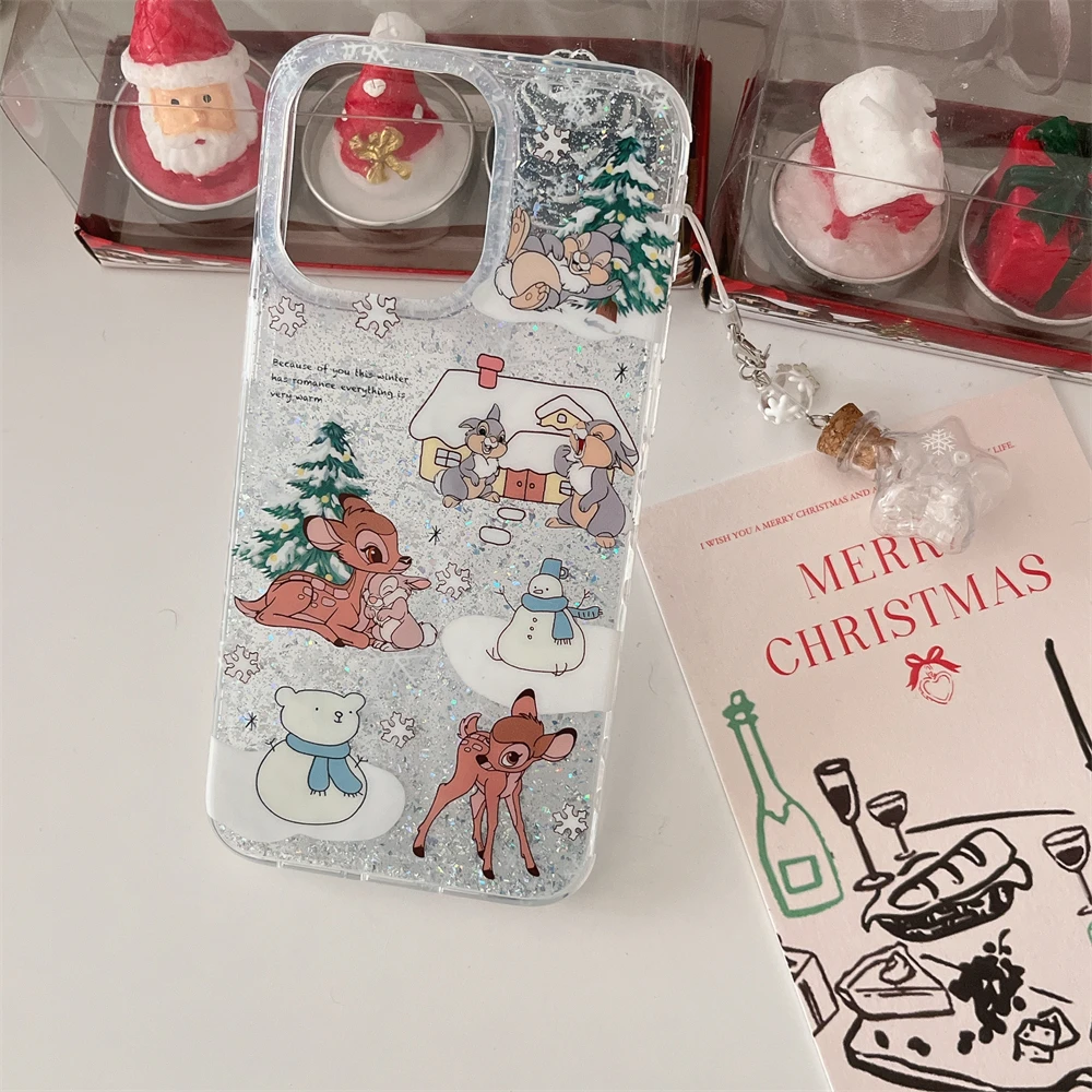 Merry Christmas Glitter Phone Case for iPhone 16 14 13 15 Pro Max Transparent Shockproof Back Cover Cute Snowman Rabbit Deer