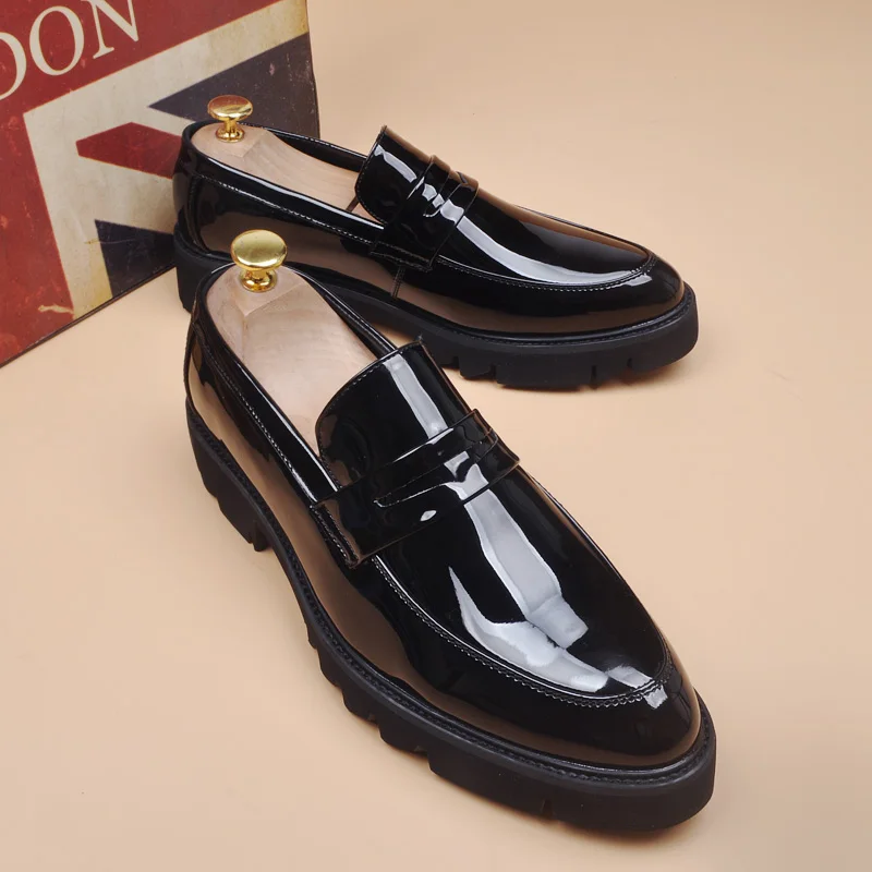 men's fashion wedding party dress patent leather shoes slip-on lazy shoe black trend platform loafers gentleman sneakers zapatos