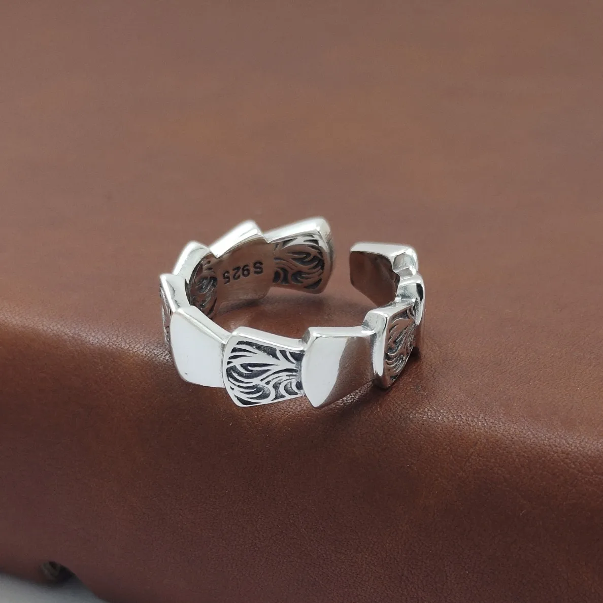 

s925 sterling silver tangcao open personalized ring female national trendy style pattern element minority simple ring