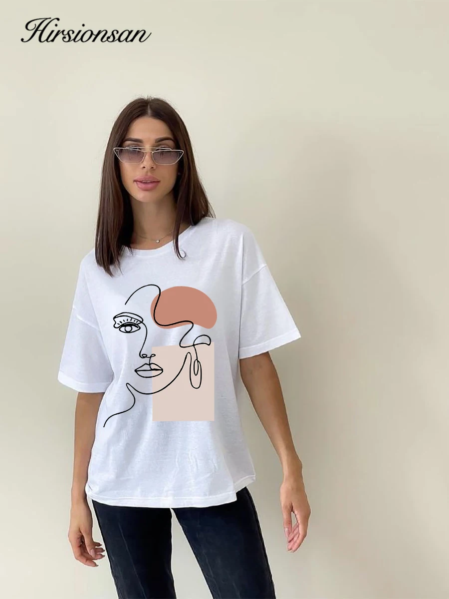 Hirsionsan Abstract Line Face Printed T Shirt Women Summer Cotton Soft Short Sleeve Tee Female Oversized Higt Street Gothic Top