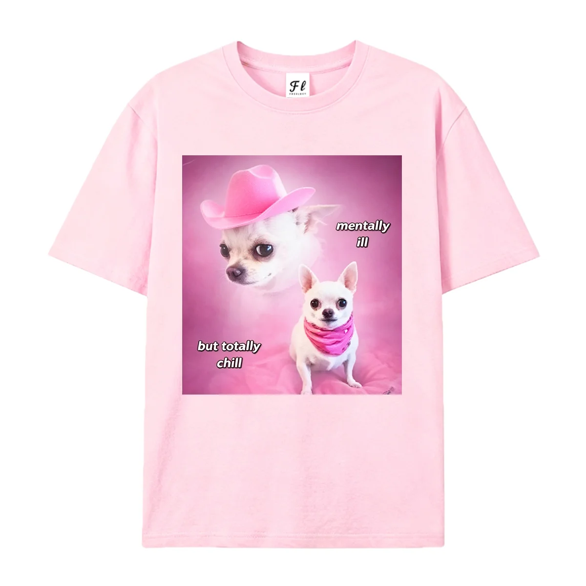 Mentally AW But Totally Chill Chihuahua Meme Shirt Funny Pink Cowboy Hat Dog Graphic Tee Casual Short Sleeve Tees for Dog Lover