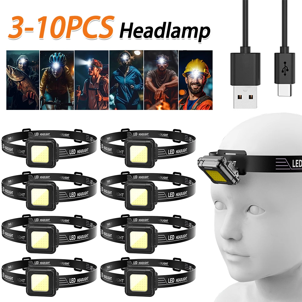 

3-10PCS Portable Head Lamp 4 Light Modes Multifunctional Head Torch Adjustable Angle COB LED Headlight Camping Running Hiking
