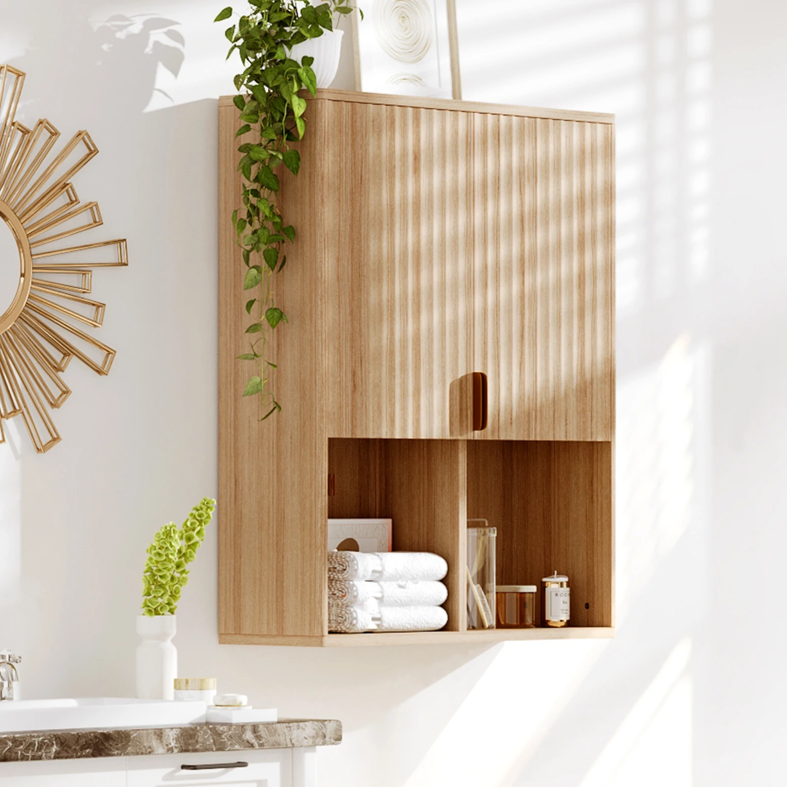 Wall Mounted Bathroom Cabinet, Natural Wood, Adjustable Shelf | Fluted Design, Aluminum Handle, Soft-Close Hinges, Over Toilet, Kitchen, Laundry