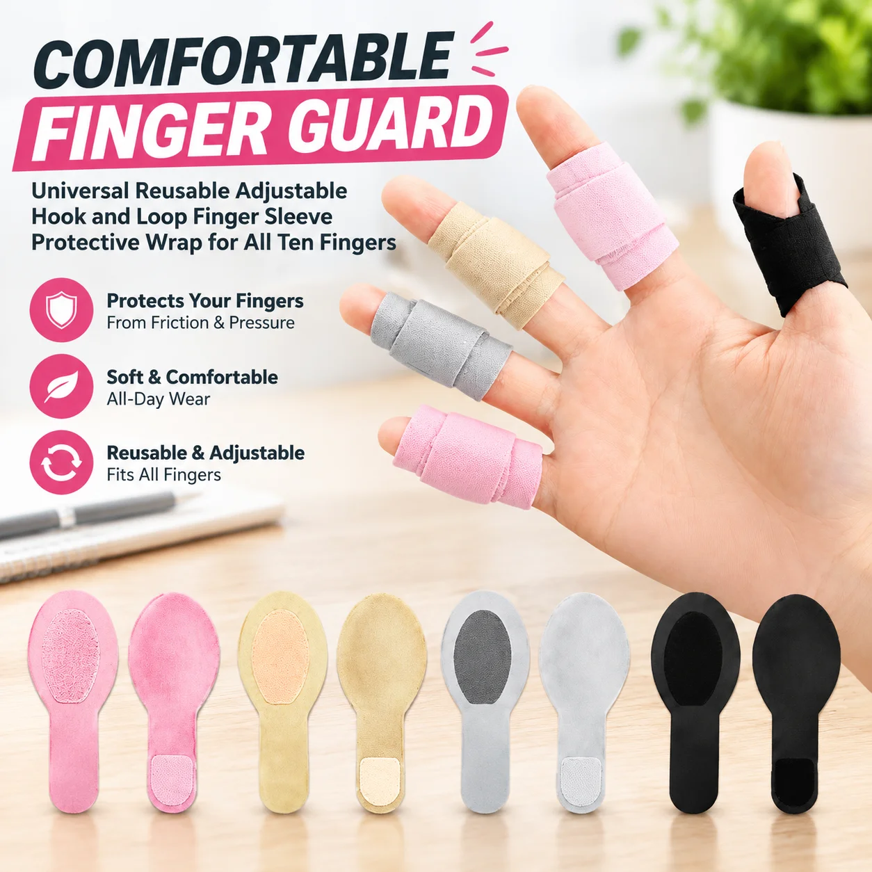 Universal Reusable Adjustable Hook and Loop Finger Sleeve Protective Wrap for All Ten Fingers, Comfortable Finger Guard Strap