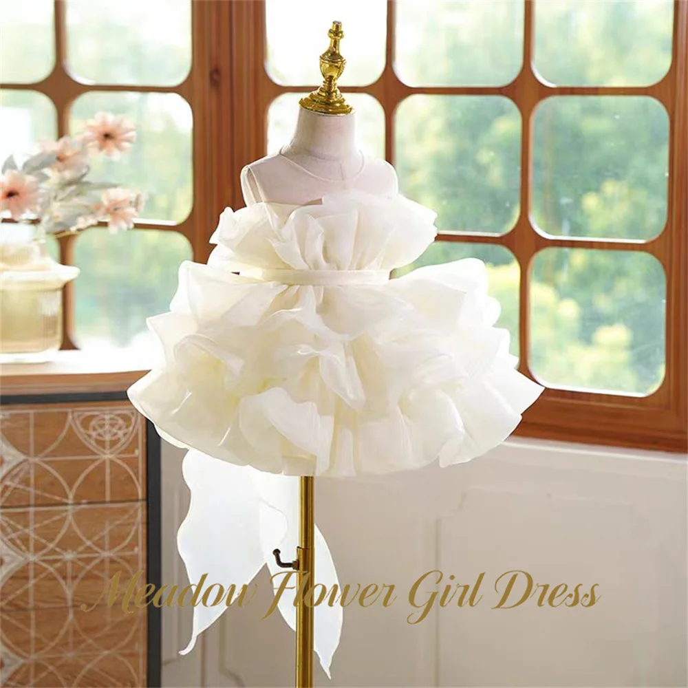 Meadow Ivory Cream Kids Birthday Party Dress Round Neck Waist Sash Pageant Dress for Girl Sleeveless Modest First Communion Gown