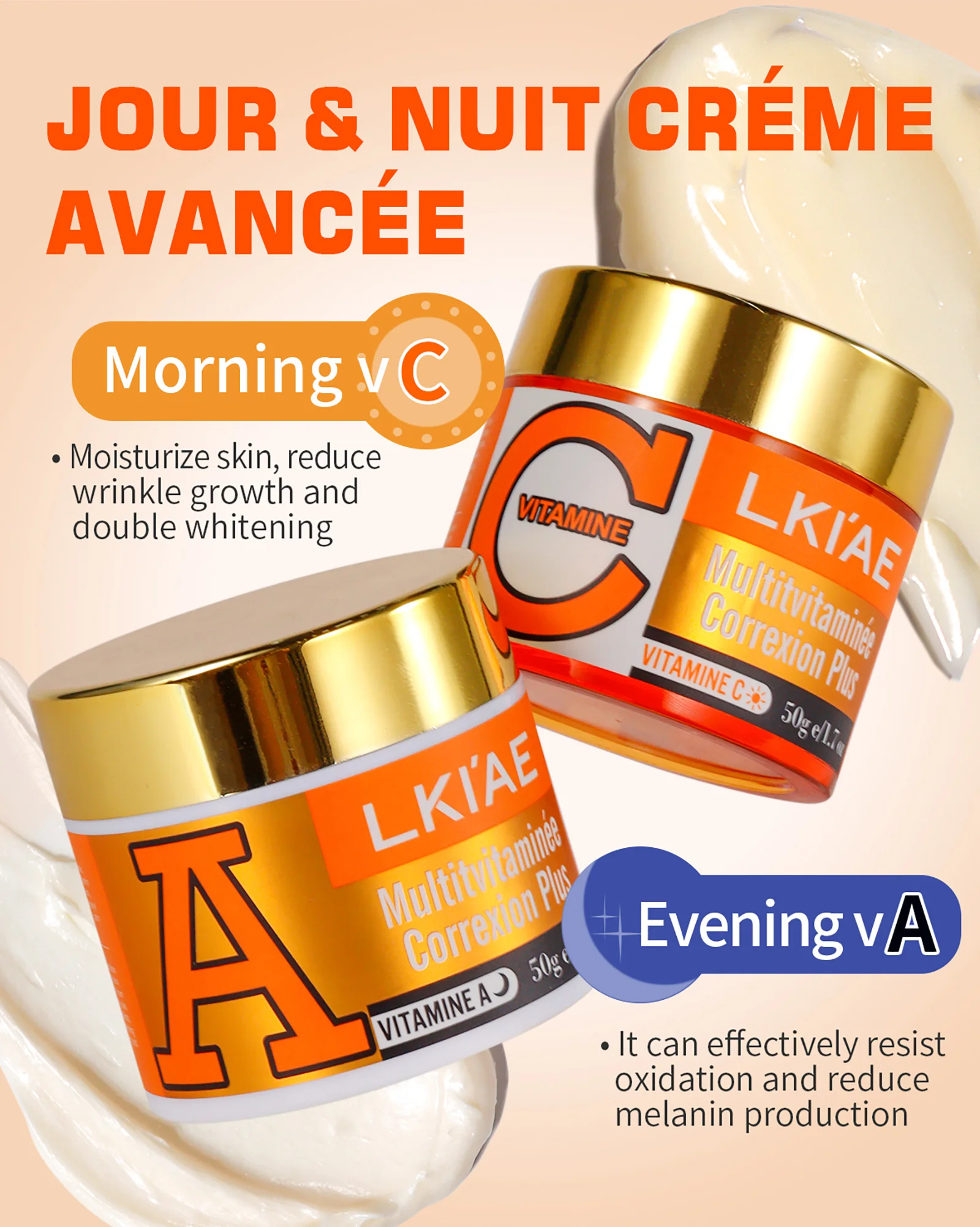LKIAE Vitamins C, Vitamins A Whitening Face Cream, Reduce Dark Spots, Clean Skin, Day and Night Facial Cream For All Skin Types