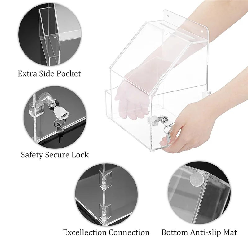 A29F-Acrylic Suggestion Box With Lock Wall Mounted Acrylic Donation Box With 5X7inch Sign Slot Office Ballot Boxes