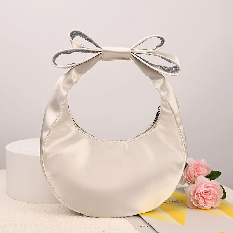 

Half Moon Satin Shoulder Bag Luxury Rhinestone Bow Women Handbag New Silk Crescent Bags for Women Evening Wedding Clutch Purses