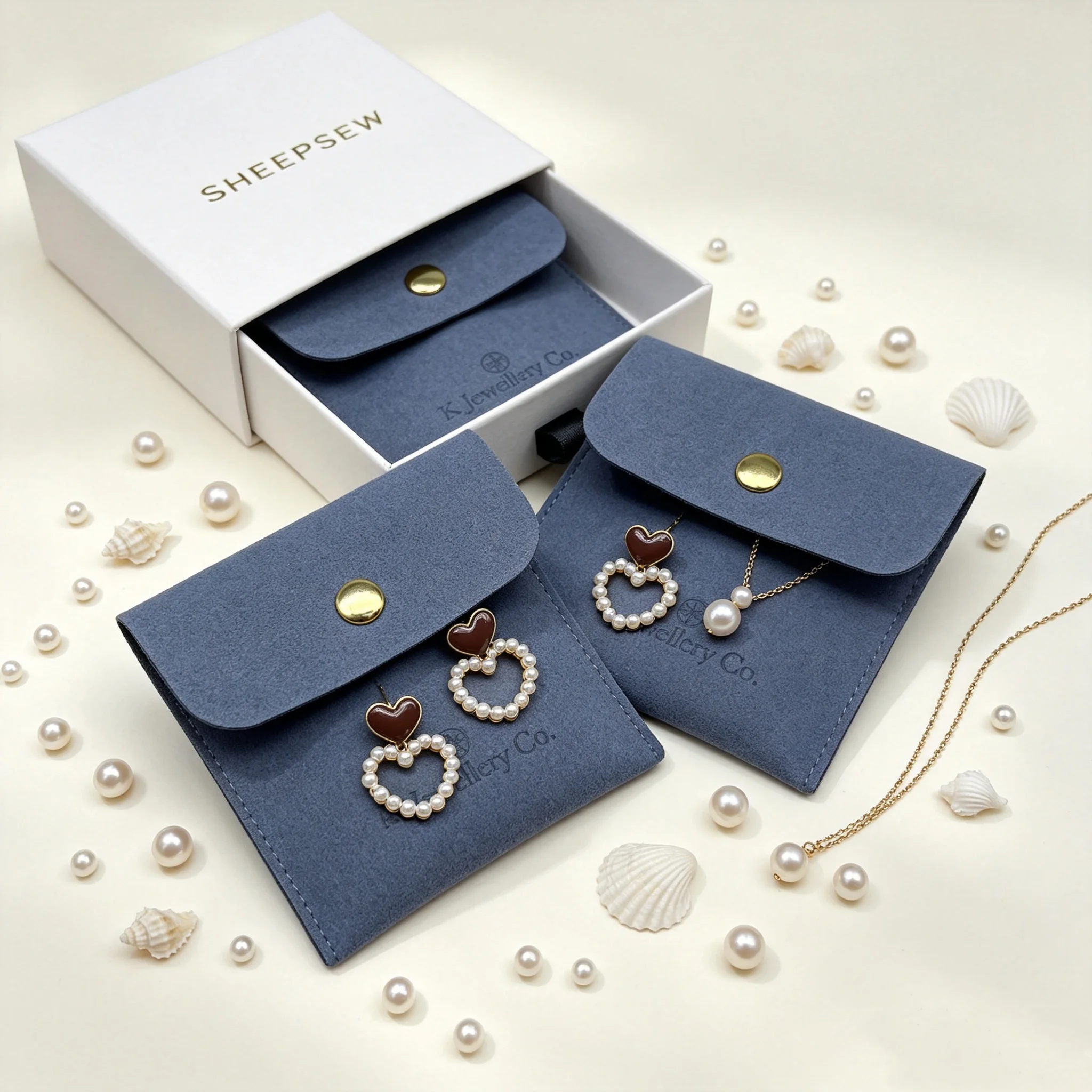 SheepSew Premium Custom Microfiber Suede Button Flap Jewelry Bag With Personal Embossed Logo Wedding Birthday Gift Packaging For