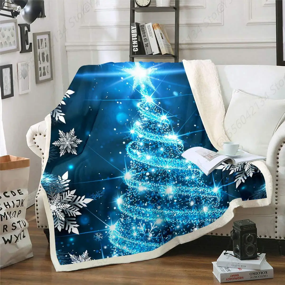 

Merry Christmas Throw Blanket Blue Christmas Tree Bed Blanket for Girls Kids Boys Chic Winter Snowflake Sherpa Throw Blanket