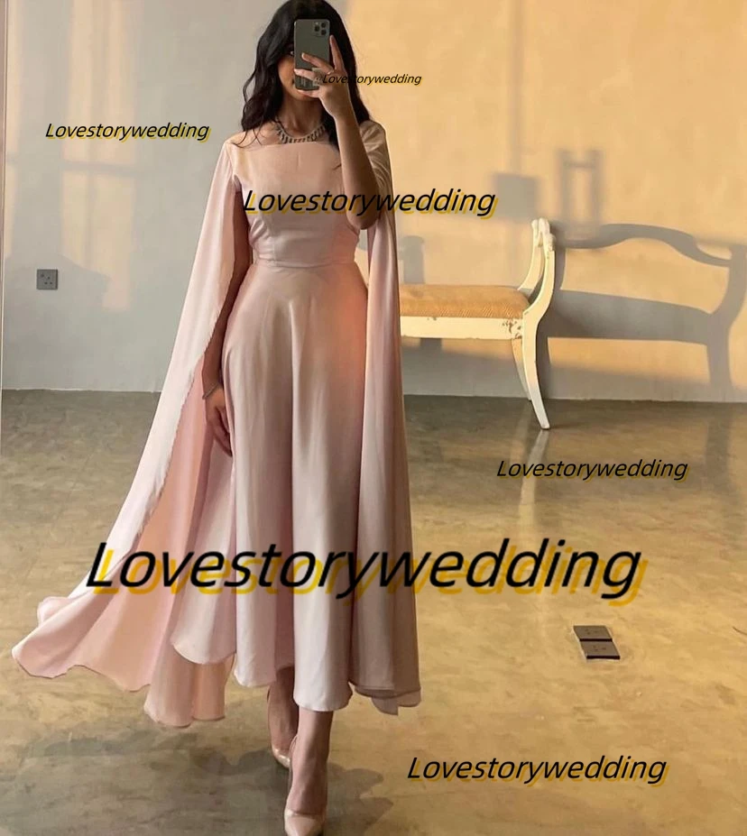 Lovestory Summer Ladies Wear Ankle Length Prom Dresses Square Neck Long Sleeves Bridesmaid Dress Zipper Back Evening Party Gowns