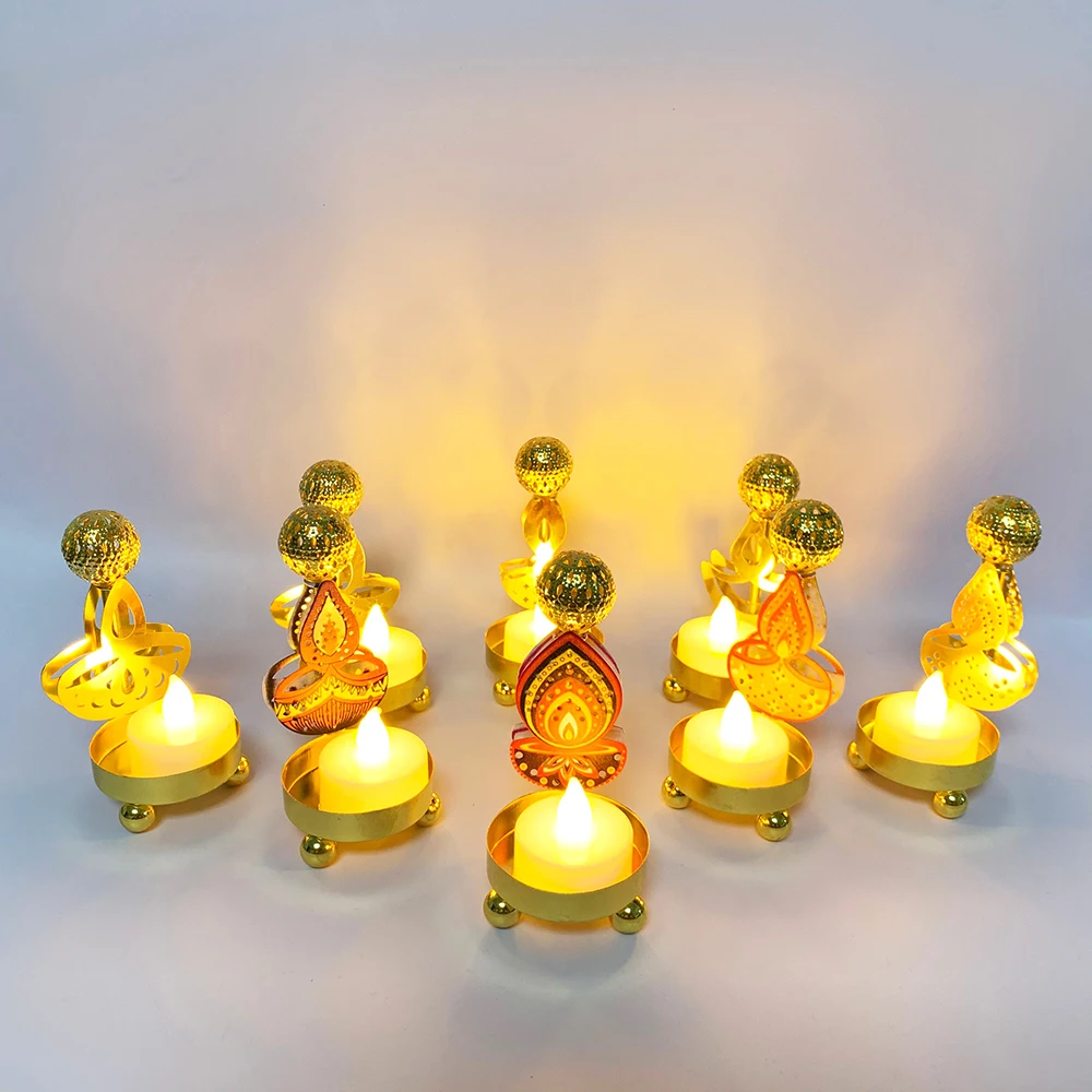 

10pcs Diwali Lamp Deepavali Festival LED Candle Holder Golden Candlestick Hindu Night Party Decor