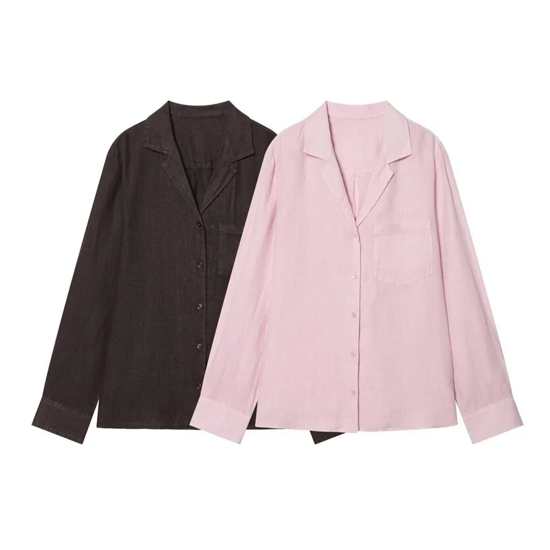 Ensemble chemise en lin de style nouveau avec poches décoratives, ample et décontracté, élégance discrète