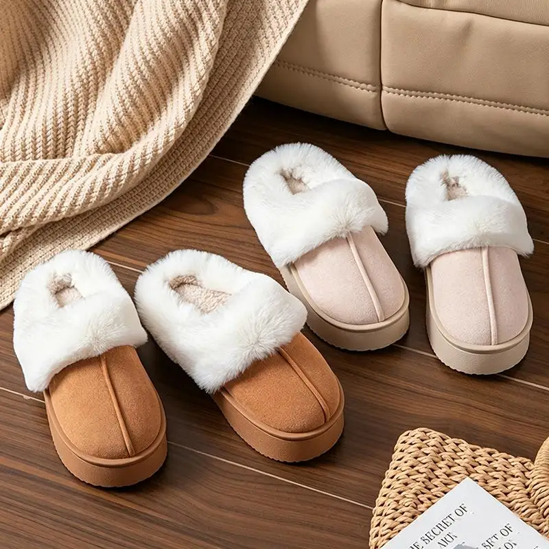 Flauschige Pelz-Mules mit dicker Sohle für Damen, Winter 2026, warme kurze Plüsch-Outdoor-Hausschuhe, Marken-Wildleder-Baumwollschuhe für Damen – Detail 5