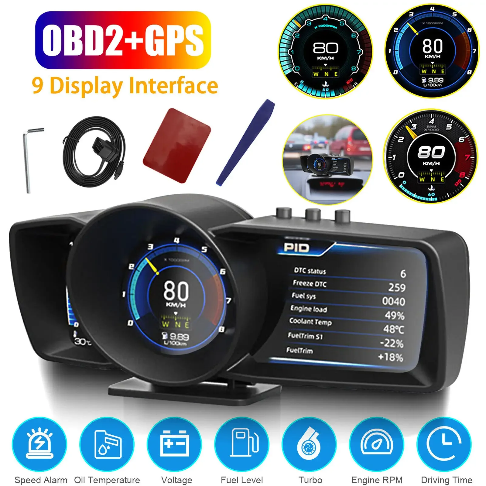 

Dual Screen Car Head Up Display OBD2 GPS Auto Display Smart Car HUD Dashboard Computer Gauge Speedometer Water&Oil Temp. RPM