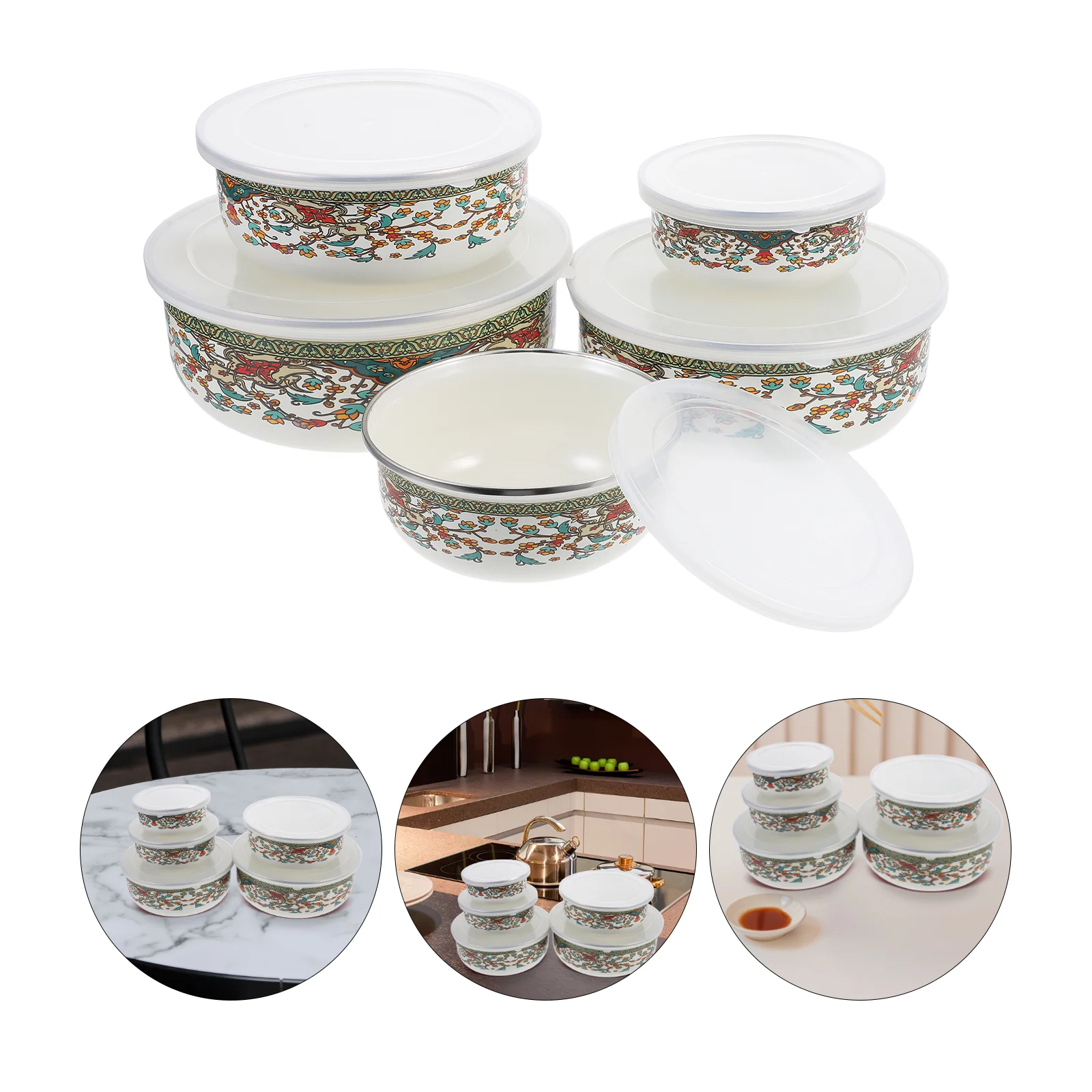 

5 Pcs Enamel Soup Bowl Retro Serving Set of Bowls Mixing Five Piece with Lids Baby