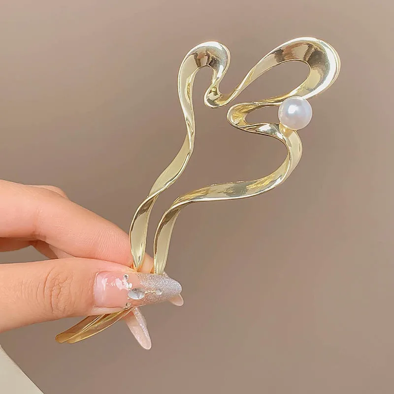 Simple and Atmospheric Style Imitation Pearl Inlaid with Irregular Alloy Women's Hair Hairpin Daily Wear Fashionable Headwear